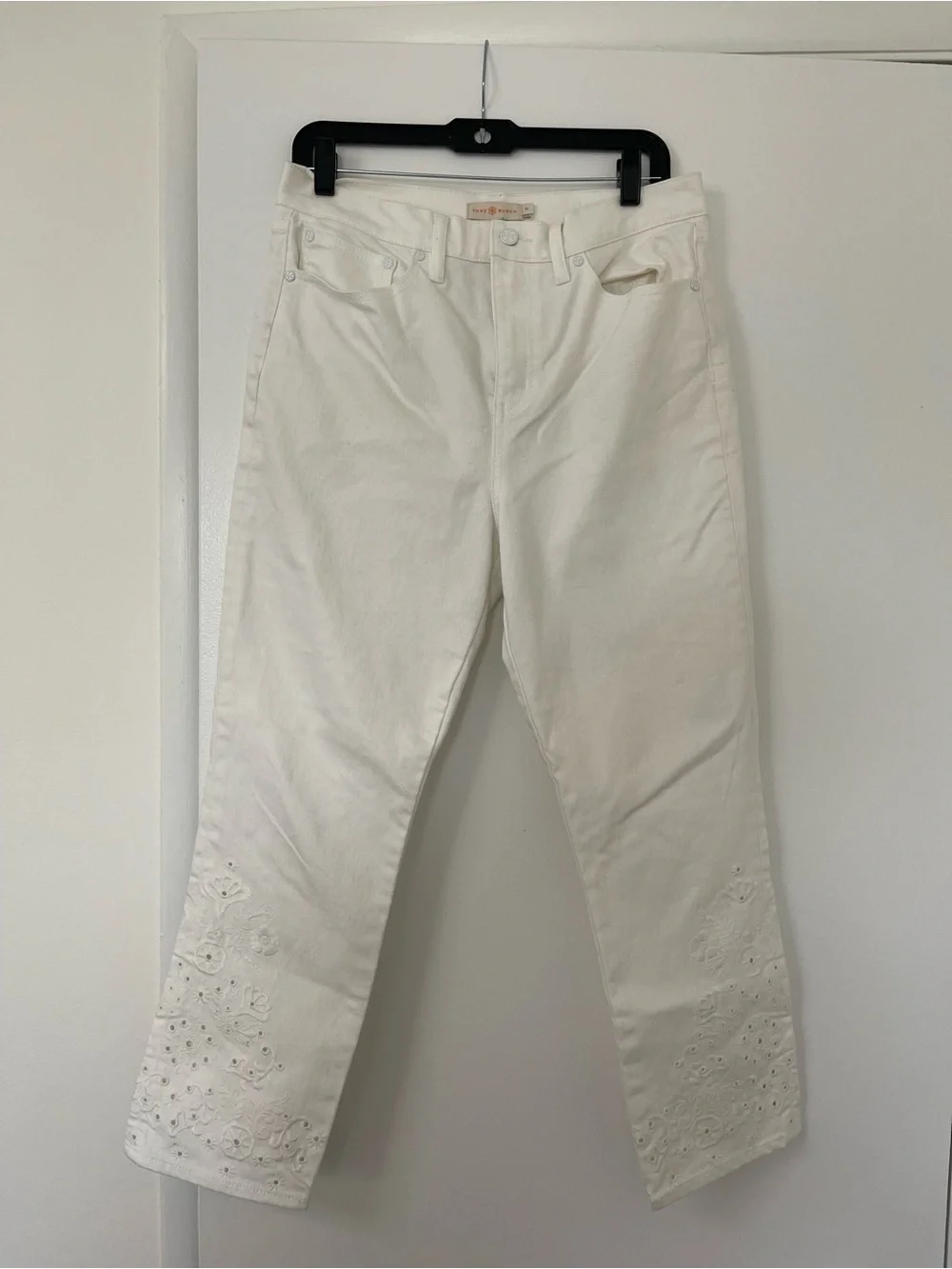 Tory Burch - White Floral Embroidered High-Waist Straight Leg